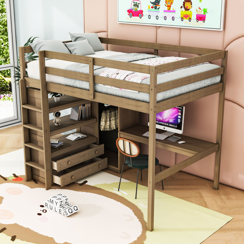 Lit mezzanine double en bois Kernie avec garde-robe intégré, bureau, tablettes et tiroirs, Noyer