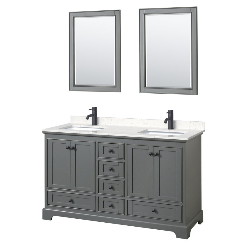 Ensemble de meuble-lavabo double 60 "avec miroir Deborah, Marbre de culture de Carrare, Gris foncé, Chrome poli