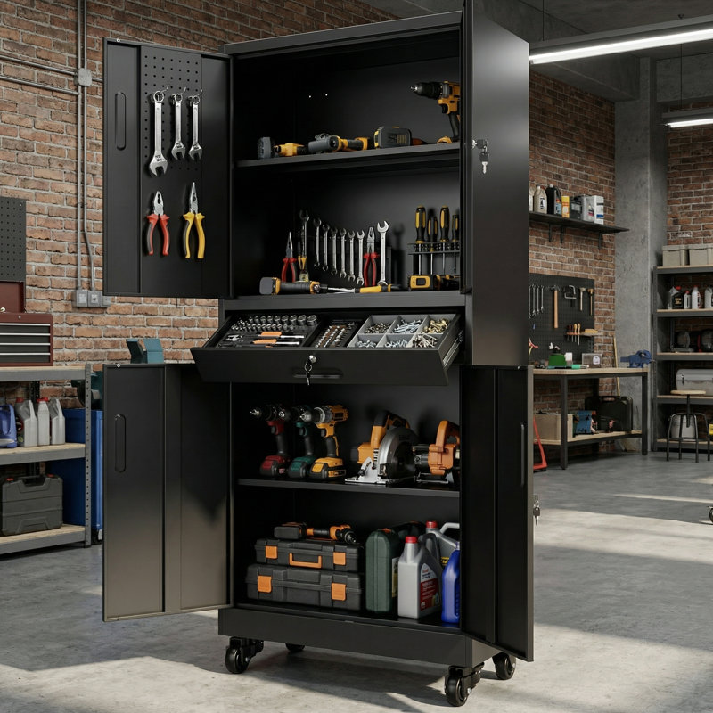 71" Metal Storage Cabinet With Drawer & Locking Doors, Heavy Duty Utility Cabinet With 2 Adjustable Shelves, Pegboard, 8 Hooks & Rolling Wheels For Home, Office & Utility Room