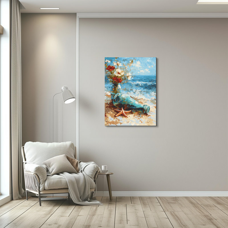 «Coastal Beach Still Life with Glass Bottles, Flowers and Starfish», art mural sur toile tendue, H 18 po x l 12 po