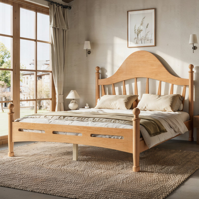 Lit plateforme avec tête de lit chic, structure en bois massif, support à lattes, sans sommier, design bas au sol, Natural