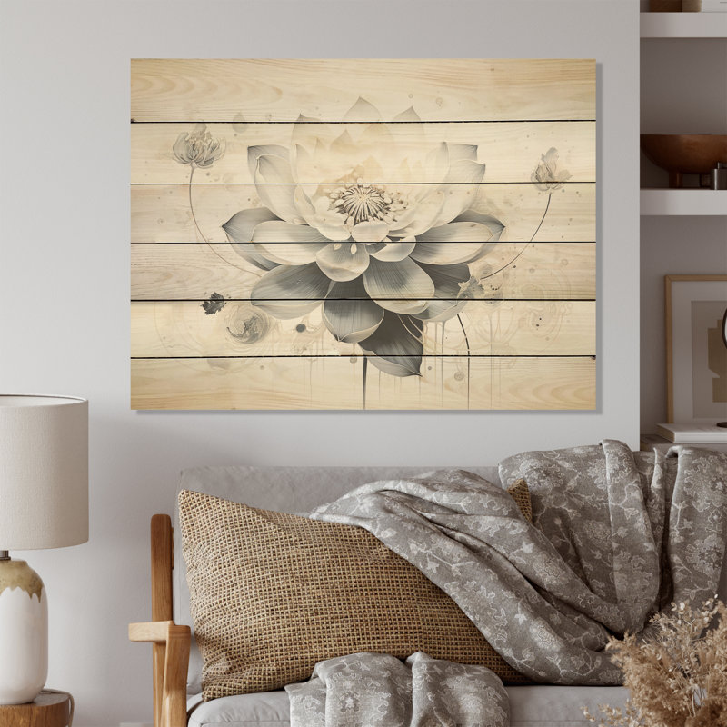 Serenity Blossum Blue Lotus - Lotus Wood Wall Art On Natural Pine Wood, 24" H x 32" W