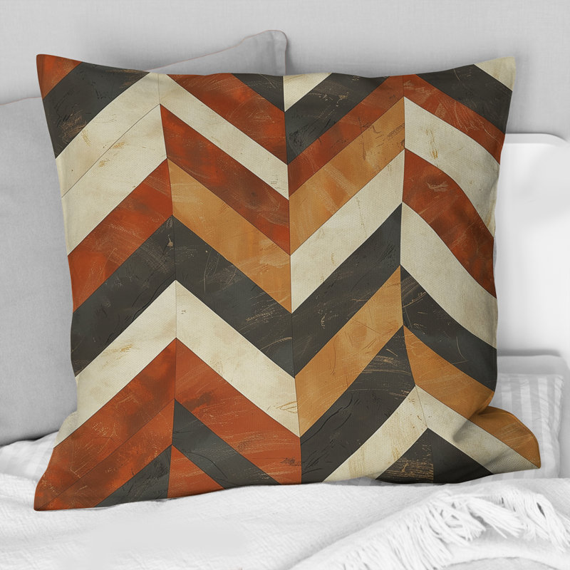 Coussin décoratif orange à motif de chevrons beige et moderne, 18" x 18"