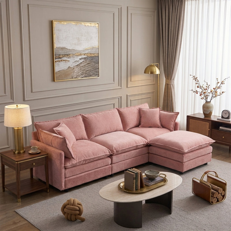 105 Inch Upholstered Sofa, 3-Seater Couch With Ottoman-For Modern Home, Pink