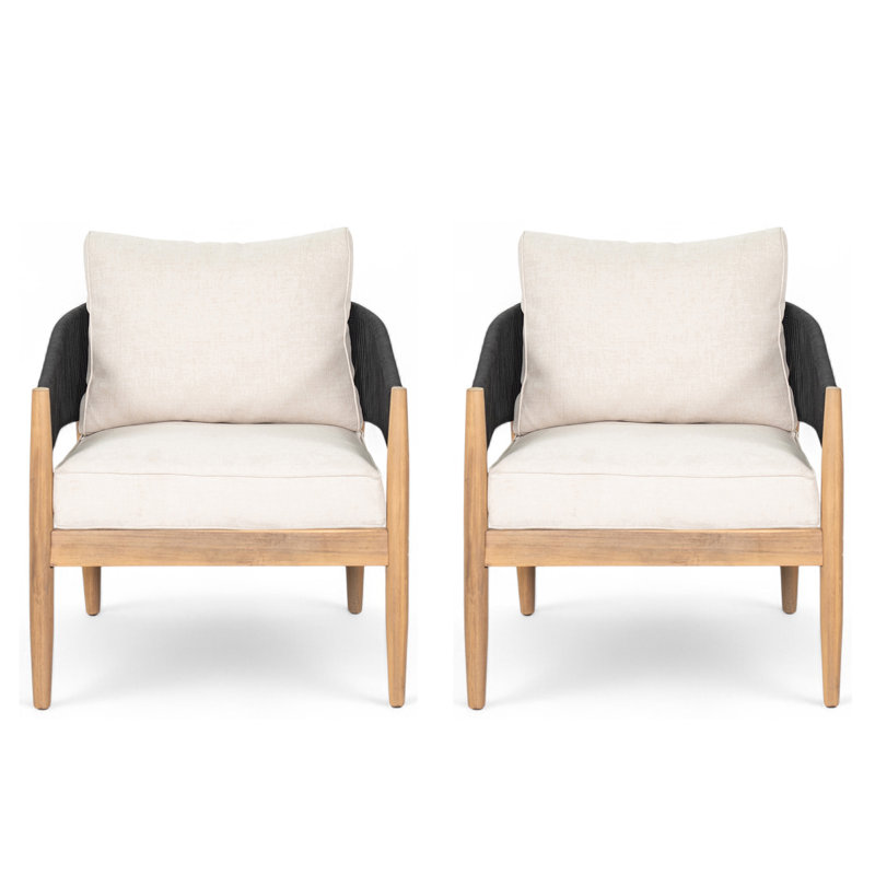 Fauteuil club d'extérieur en bois d'acacia, bois de finition naturelle, coussin beige, corde noire, ensemble de 2