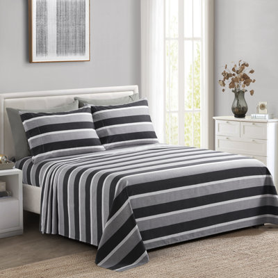 Marina Decoration Home Decor Bedding Bedroom Bedsheet Soft Silky Deep Pocket Rayon from Bamboo All Season 4 Pieces Printed Sheet Set with 2 Pillowcases, Black Grey Stripes Pattern Twin/Single Size