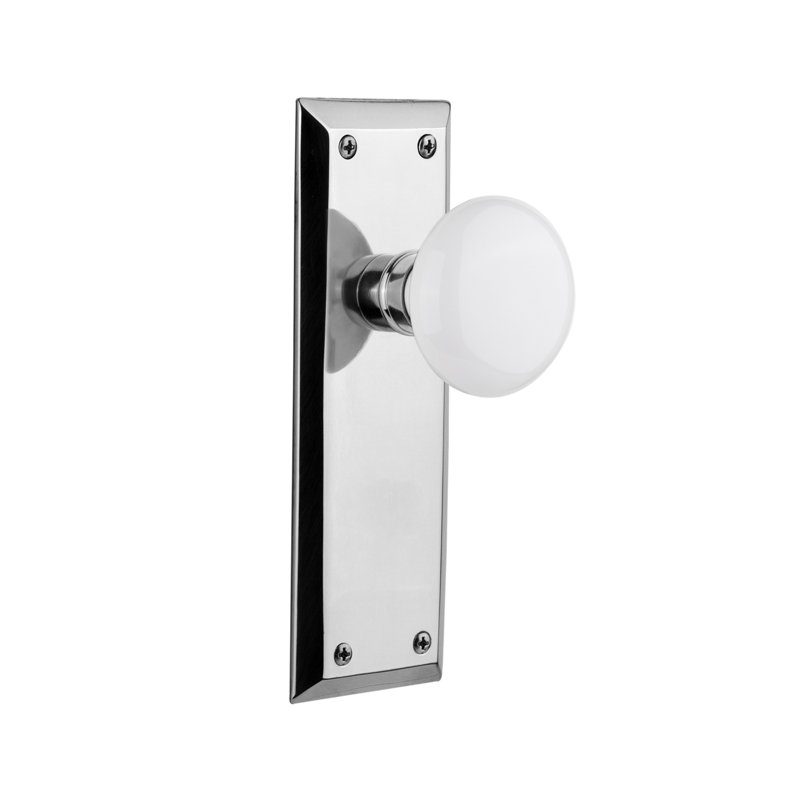 New York Plate with White Porcelain Door Knob, Bright Chrome, 2-3/8”