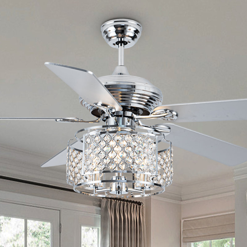 Kamori 52" Crystal Ceiling Fan w Wood Blades and 3 Lights, Crystal Light Shade, Quiet DC Motor w/ Remote