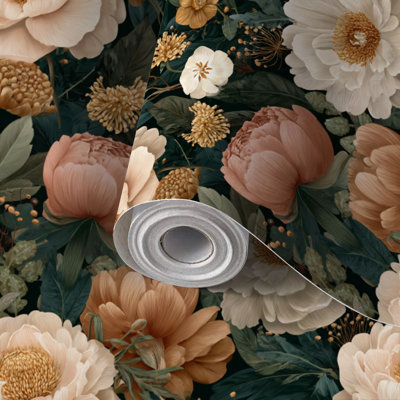 Papier peint adhésif peler et coller en PVC, revêtement mural auto-adhésif amovible avec impression florale de fleurs de pivoines dorées sans soudure, imperméable pour la décoration intérieure - rouleau