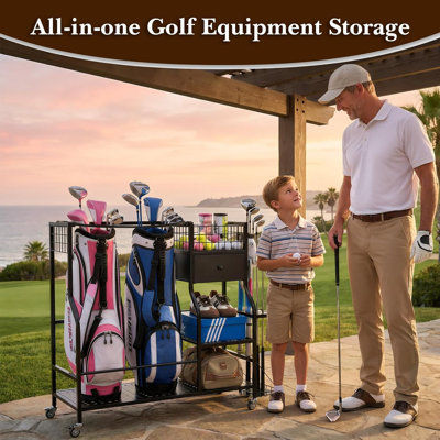 Golf Bag Organizer For Garage, Golf Storage Rack With 6 Club Slots, Fabric Drawer & Lockable Wheels, Holds 2 Bags, For Home Golf Storage