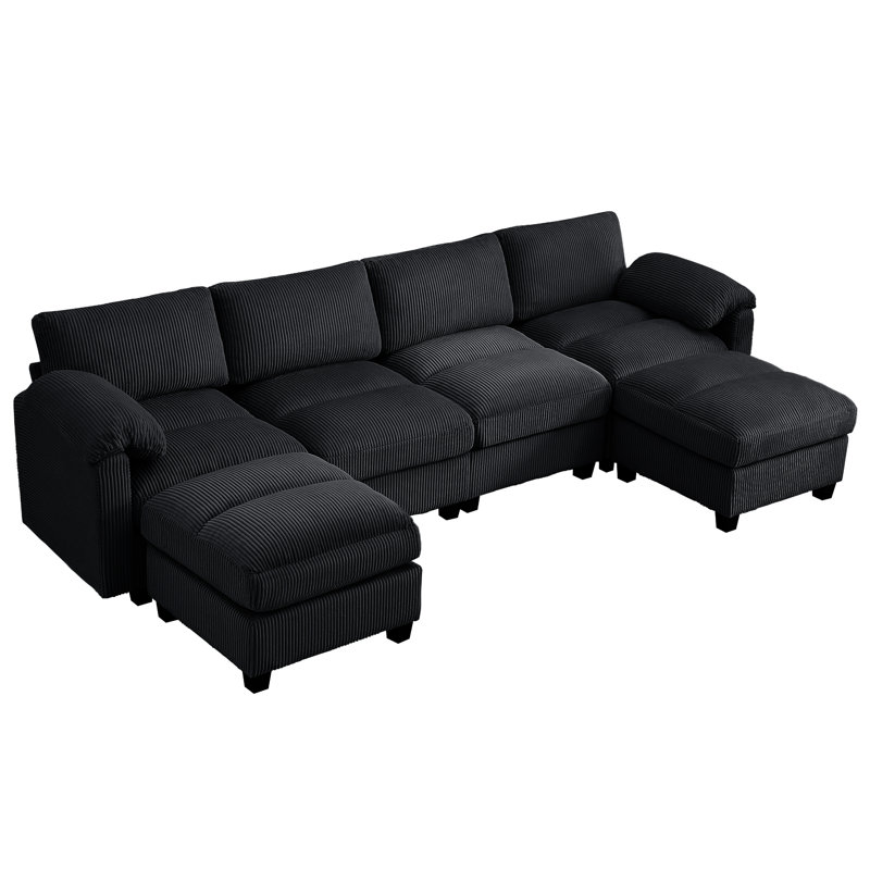 Canapé modulaire 6 places avec 2 repose-pieds, Chenille noir