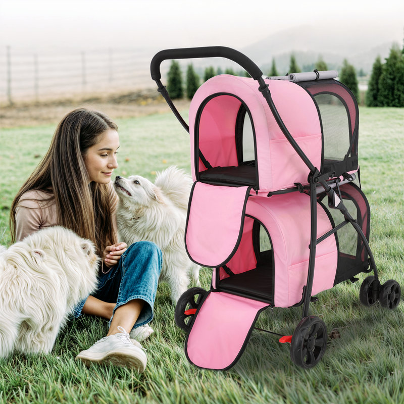 Pink and Gray 4-in-1 Folding Double Pet Stroller for Small to Medium Dogs and Cats