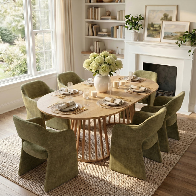 Ensemble de table de salle à manger pour 6 personnes avec table ovale extensible et 6 chaises rembourrées en tissu