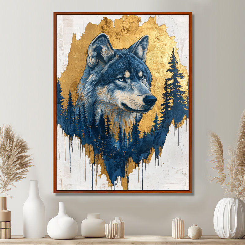 Graice loup doré dans un paysage de forêt bleue I - loup, impressions sur toile, H 44 po x l 34 po, Brun
