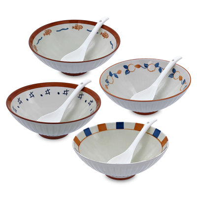 Porcelain 8 Inch Ramen Bowls Set Of 4 With Spoon, 38 Oz Ceramic Soup Bowls