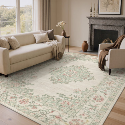 Tapis de style sauge à motif de médaillon de style rétro Airville, et de style traditionnel, lavable à la machine, laine artificielle inspirée - mousse à rebond élevé et envers antidérapant