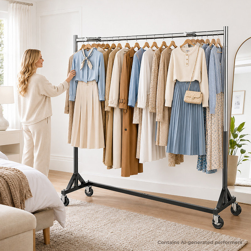 Support à vêtements robuste à base en Z commercial, support de vêtements en acier d'une capacité de 500 lb avec 2 bras de présentation amovibles, hauteur réglable à 3 niveaux de 60 po à 72 po pour le rangement et la maison, argent