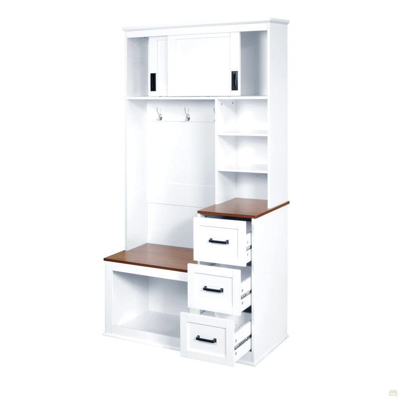 Banc de vestibule moderne avec portemanteau, 3 tablettes et tiroirs, 3 crochets robustes, portemanteau large de 40,2 po avec banc de rangement pour le couloir, l'entrée et le salon