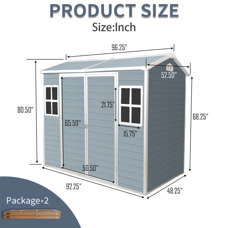 Remise de rangement extérieure en résine 8 x 4 pi avec deux fenêtres et deux portes, Gris