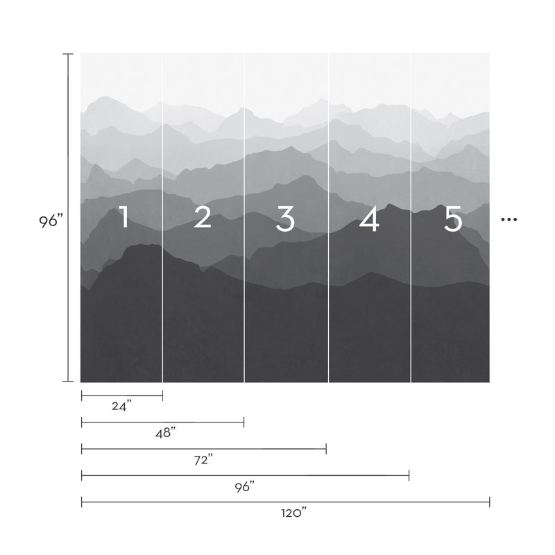 Ensemble de panneau de papier peint 5 pièces Mountain Mural, Noir / blanc, l 120 po x L 96 po
