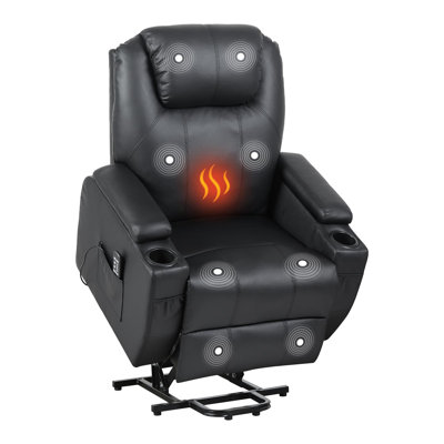 Fauteuil releveur électrique inclinable avec massage par vibrations à 8 points et chauffage lombaire, inclinaison à 140°, revêtement en cuir PU, deux porte-gobelets et rangement dans les accoudoirs pour les aînés