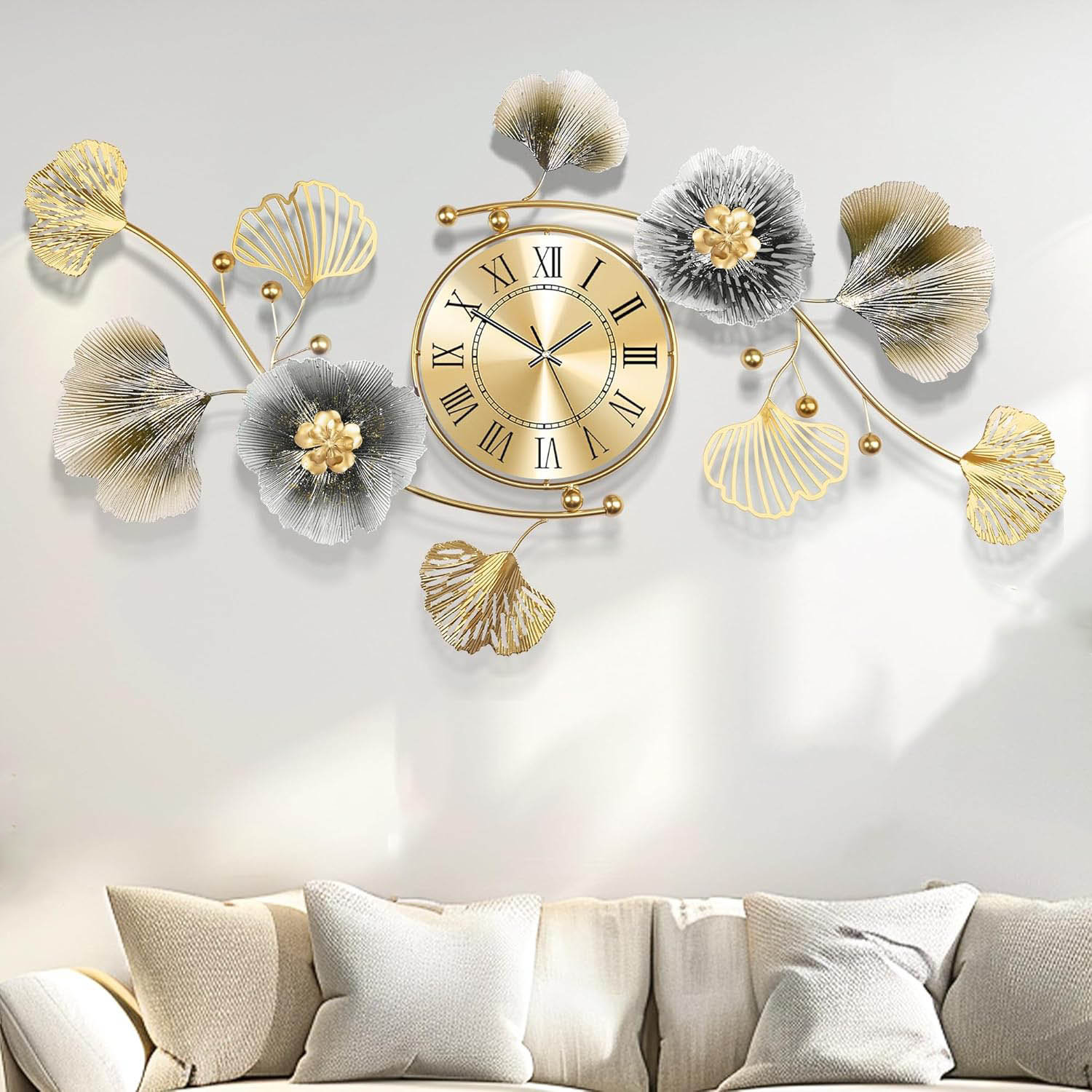 House of Hampton® Wall Clock 37 Inch Creative Metal Ginkgo Leaf Design ...