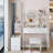 Full Body Mirror Cabinet + Round Mirror LED Vanity Table + Cushioned Stool, 17" diameter LED Mirror, Touch Control, 3-color, Brightness adjustable, Large Desktop, Multi-layer High Capacity Storage-238098386