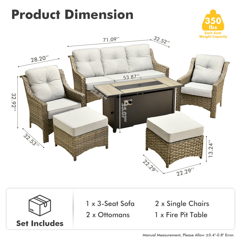 5 - Person Wicker Outdoor Conversation Set, Patio Sofa Set with Fire Pit and Cushions, Light Gray