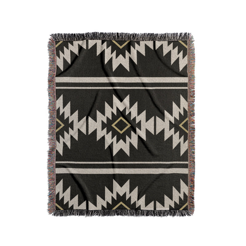 Jeté en mélange de coton Wapi South Western, Noir/Blanc cassé, L 70 po x l 50 po