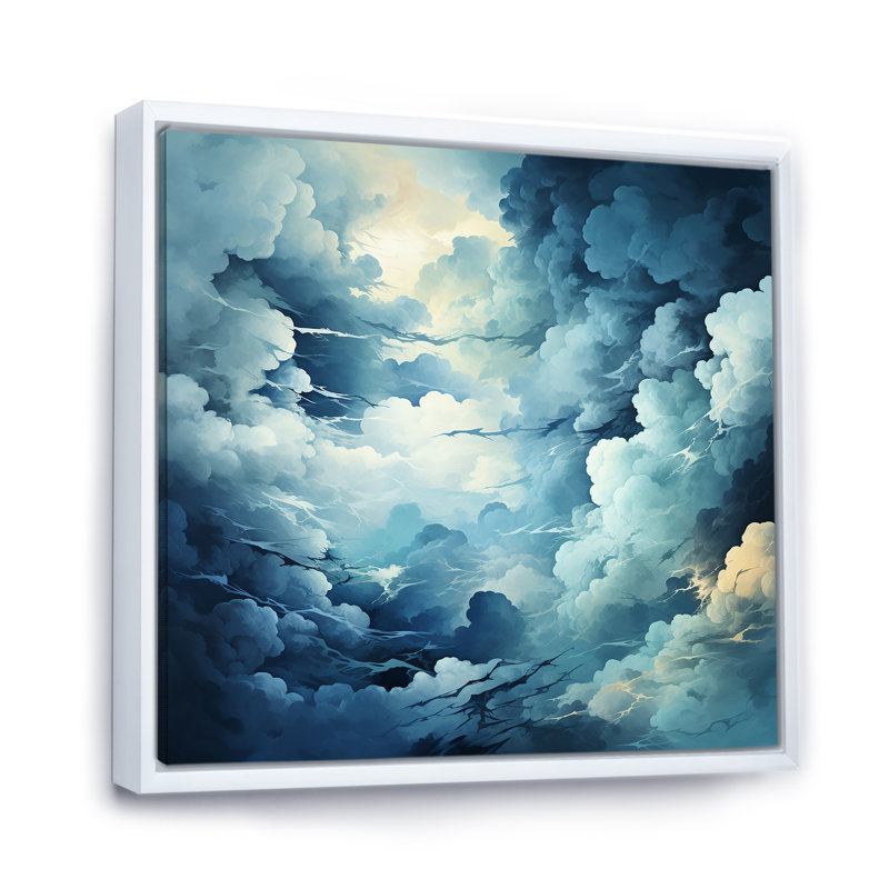 Tempête de nuages bleus et blancs sur toile, Cadre flottant blanc, H 36 po x l 36 po x P 1,5 po