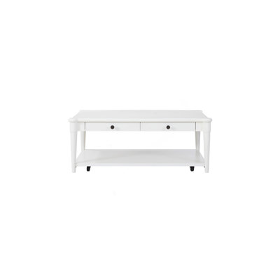Table basse à finition blanche avec deux tiroirs et roulettes de rangement