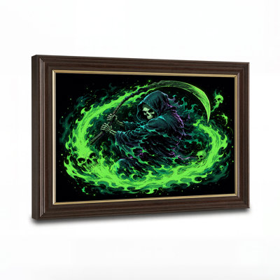 Grim Reaper With Neon Green Ghostly Flames And Halloween Canvas Wall Art