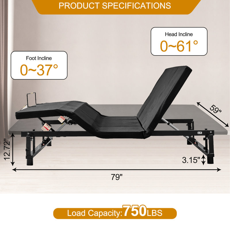 Base de lit grand ajustable avec inclinaison de la tête et du pied, télécommande sans fil, 4 ports pour les précieux objets, lumières sous la nuit, révélation par gravité zéro, vibration silencieuse du moteur,