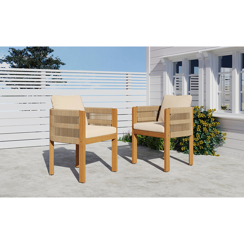 Ensemble de 2 chaises d'extérieur en bois d'acacia avec poignées en corde, Beige