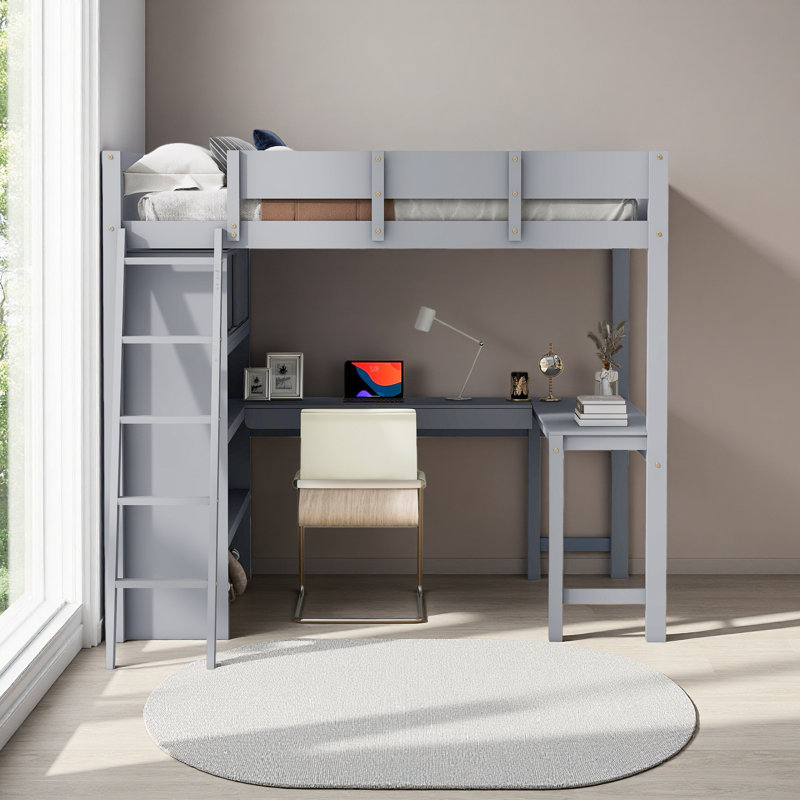Lit mezzanine double avec bureau et tablette, Gris