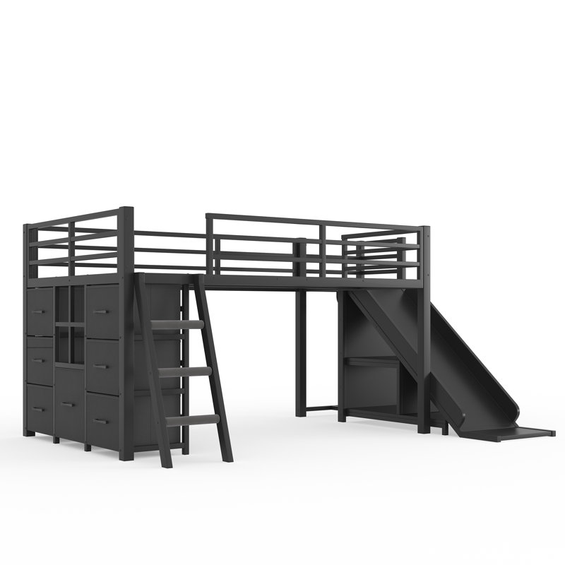 Lit mezzanine simple en métal avec glissière réversible, tiroirs de rangement, tablettes et éclairage DEL, Black