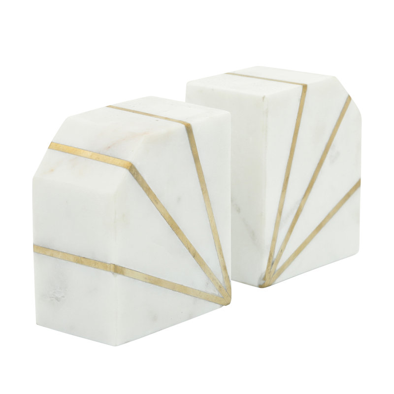Modern Marble Bookends with Gold Inlay Set of 2, White