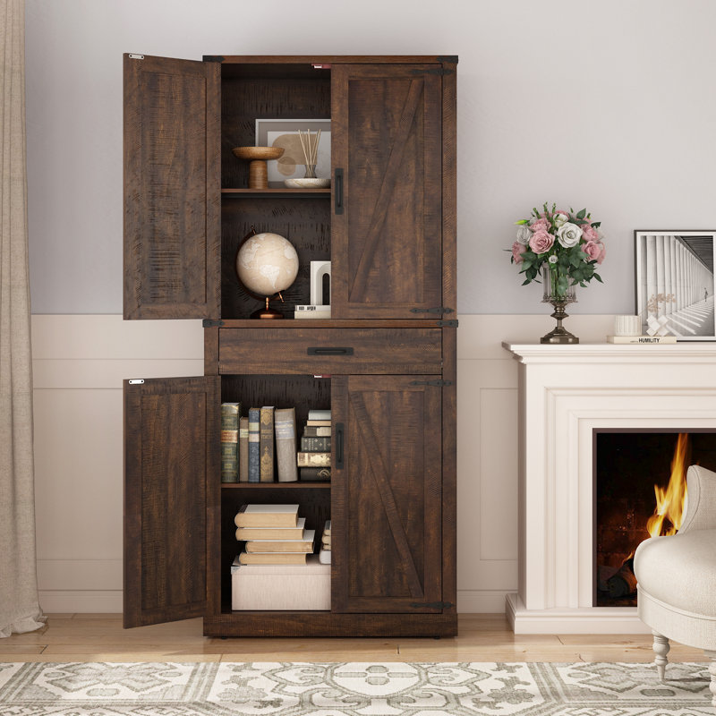 72" Farmhouse Kitchen Pantry Cabinet,4 Barn Doors, Storage Cabinet For Kitchen, Dining Room, Living Room, Brown