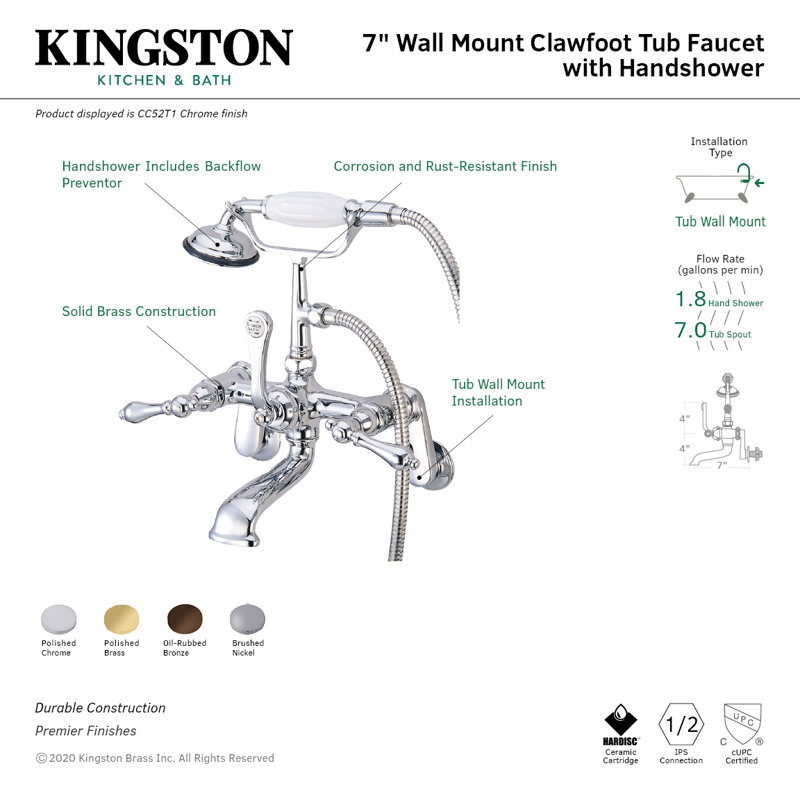 Kingston Brass Vintage Three-Handle 2-Hole Tub Wall Mount Clawfoot Tub Faucet with Hand Shower, Oil Rubbed Bronze