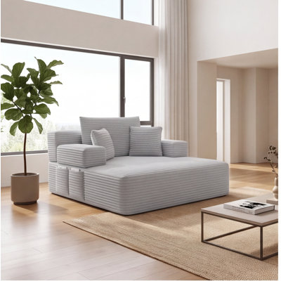 Plush Corduroy Oversized Chaise Lounge Sofa Bed, Convertible Sleeper with Storage Pockets & 3 Pillows, Light Grey