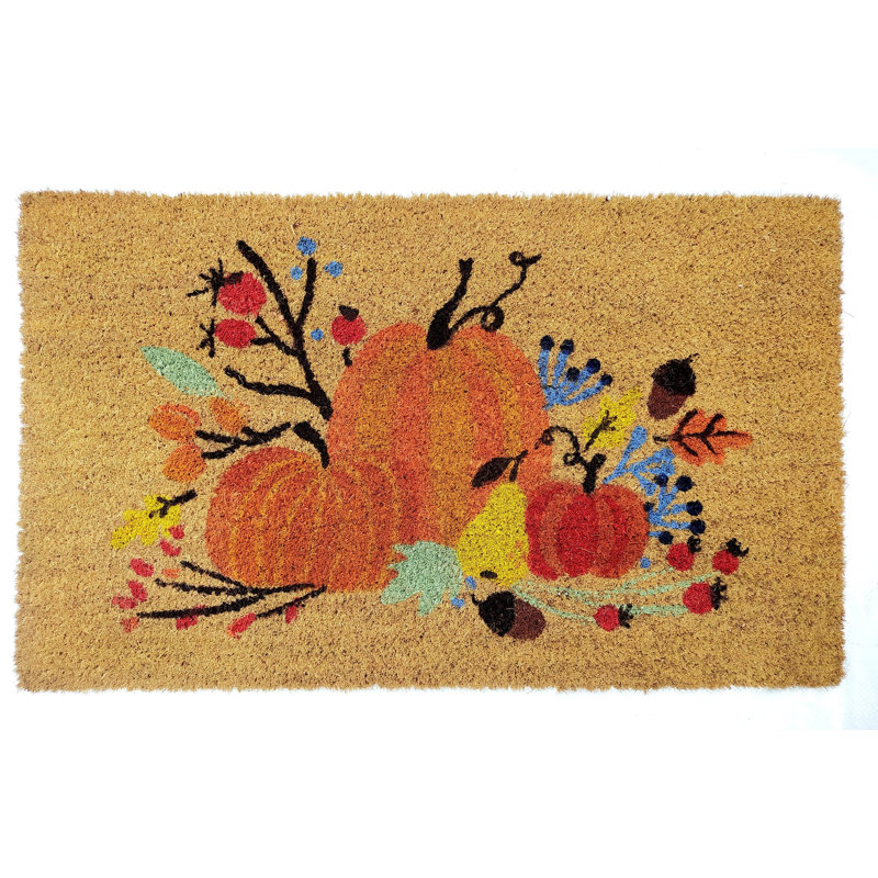 Tapis de porte en fibre de coco Harvest Bounty Pumpkin - 18 x 30 pouces (45,7 x 76,2 cm) avec dos en caoutchouc