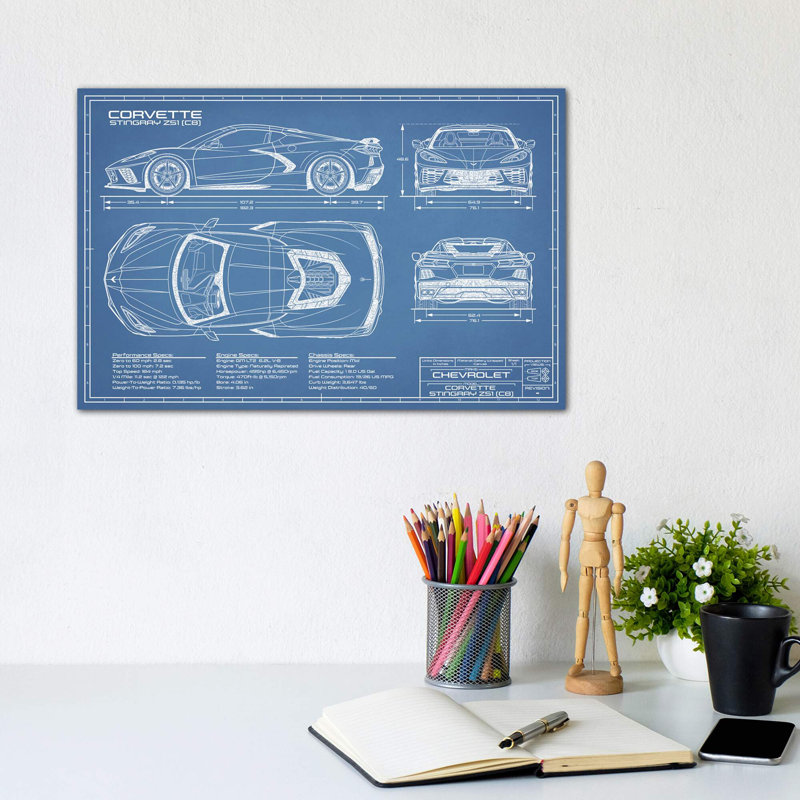 Corvette (C8) Stingray Blueprint by Action Blueprints - Wrapped Canvas Print, 20.32 cm H x 30.48 cm W
