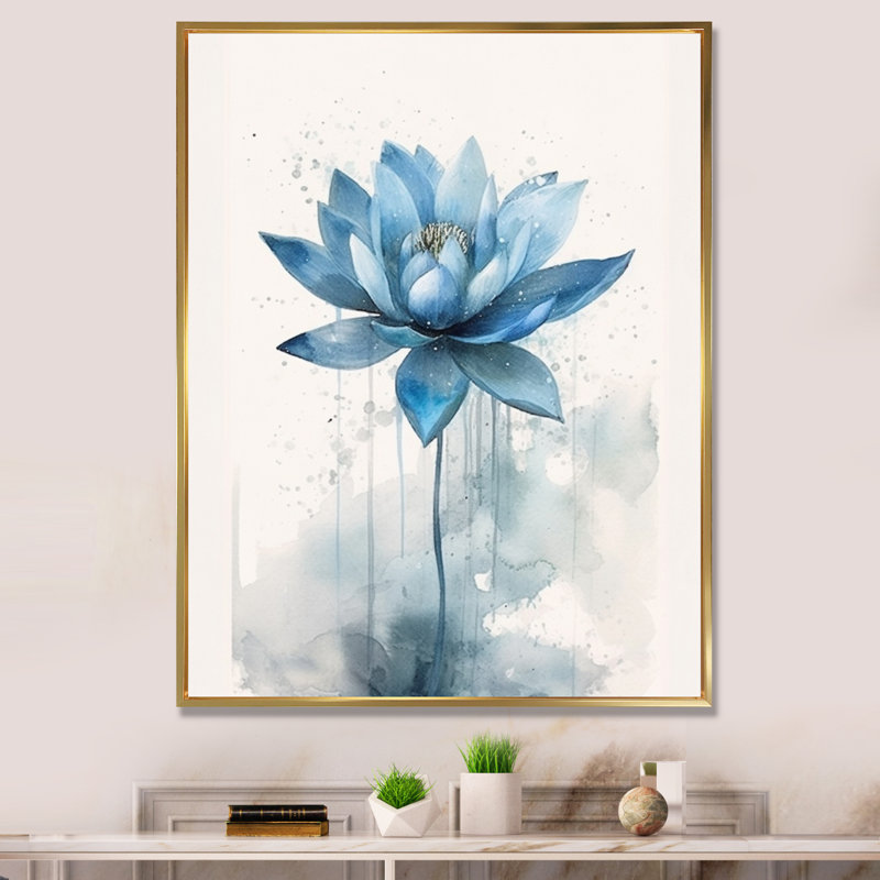 Réflexions rétro de lotus bleus, H 40 po x l 30 po x P 1,5 po, Cadre flottant doré