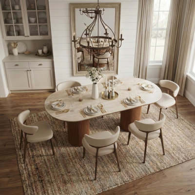 70.8'' Modern Oval Dining Table, Sintered Stone Top with Decorative Fluted Wood Base, Stable Pedestal Design for Dining Room or Home Office Furniture