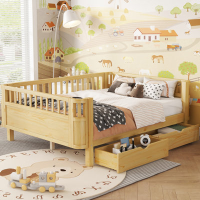 Wooden Platform Bed with Guardrails