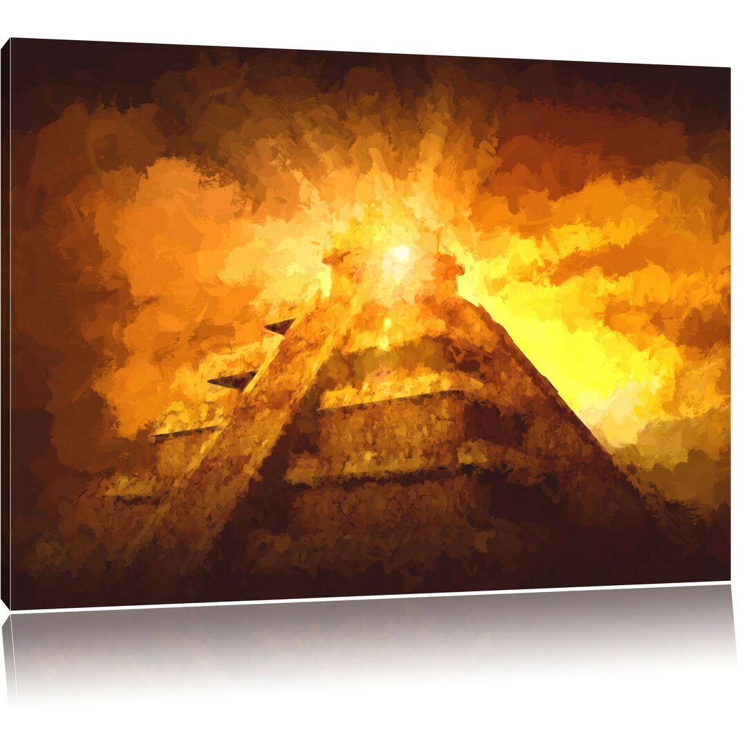 Leinwandbild Maya Pyramide mit Sonnenuntergang in Gelb