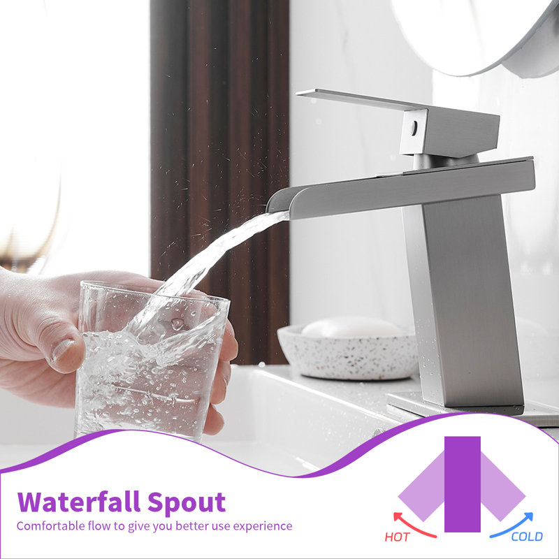 Robinet de salle de bain monotrou à petite arche avec bonde escamotable Waterfall, Nickel brossé, Bonde incluse