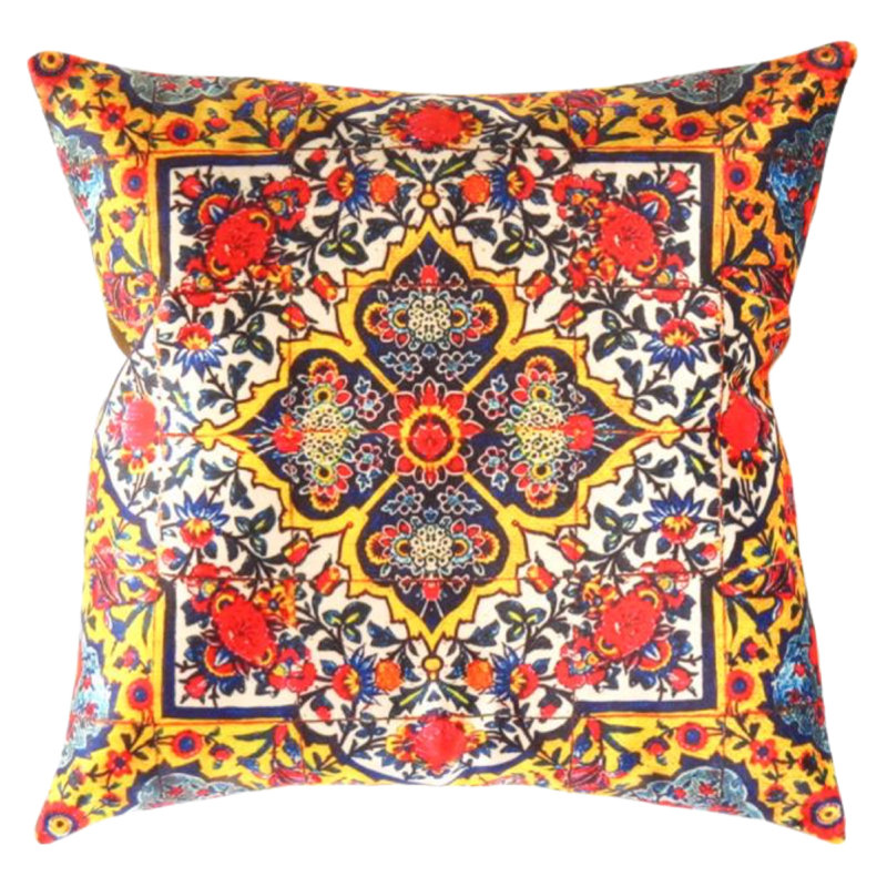 Coussin décoratif en velours, Carré, H 16 po x l 16 po, Jaune / Blanc