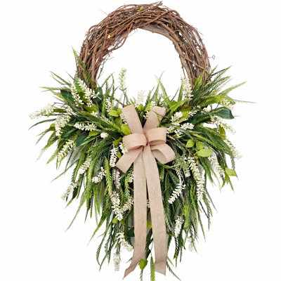 17.7 Inch Artificial Greenery Half Wreath with Beige Bow, White Floral Accent Spring Wreath for Front Door, Farmhouse Indoor Outdoor Decor