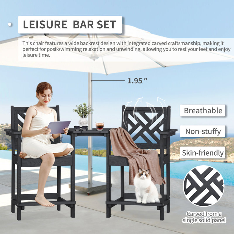 Hikhdpe 2-Person Patio Bar Stools Tall Adirondack Bar Chairs with Arms & Tabletop, Black